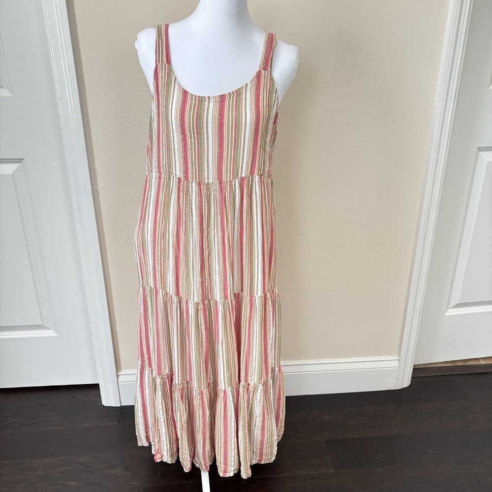 Linda Anderson Tiered Maxi Dress M BOHO Striped Cotton Metallic Thread Coastal